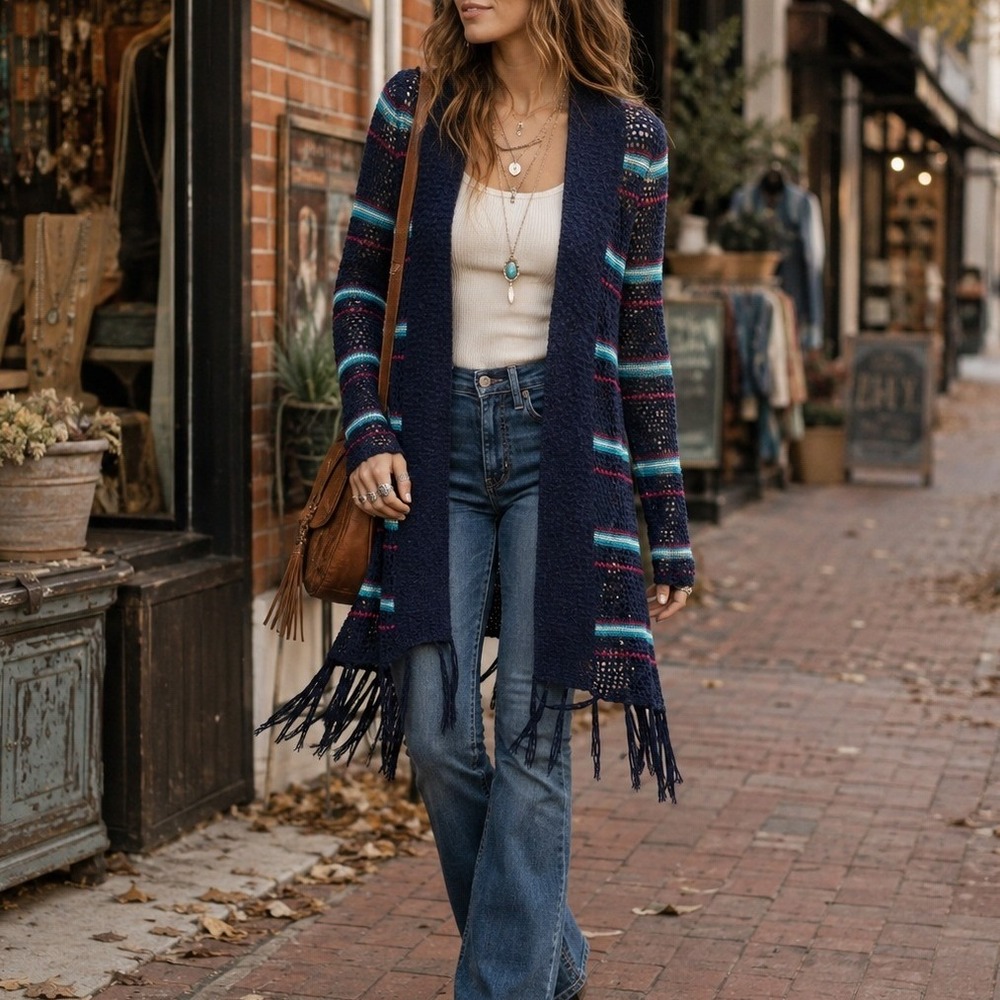Red Camel Open Knit Long Cardigan S Navy Striped Fringe Boho Duster Shawl Collar